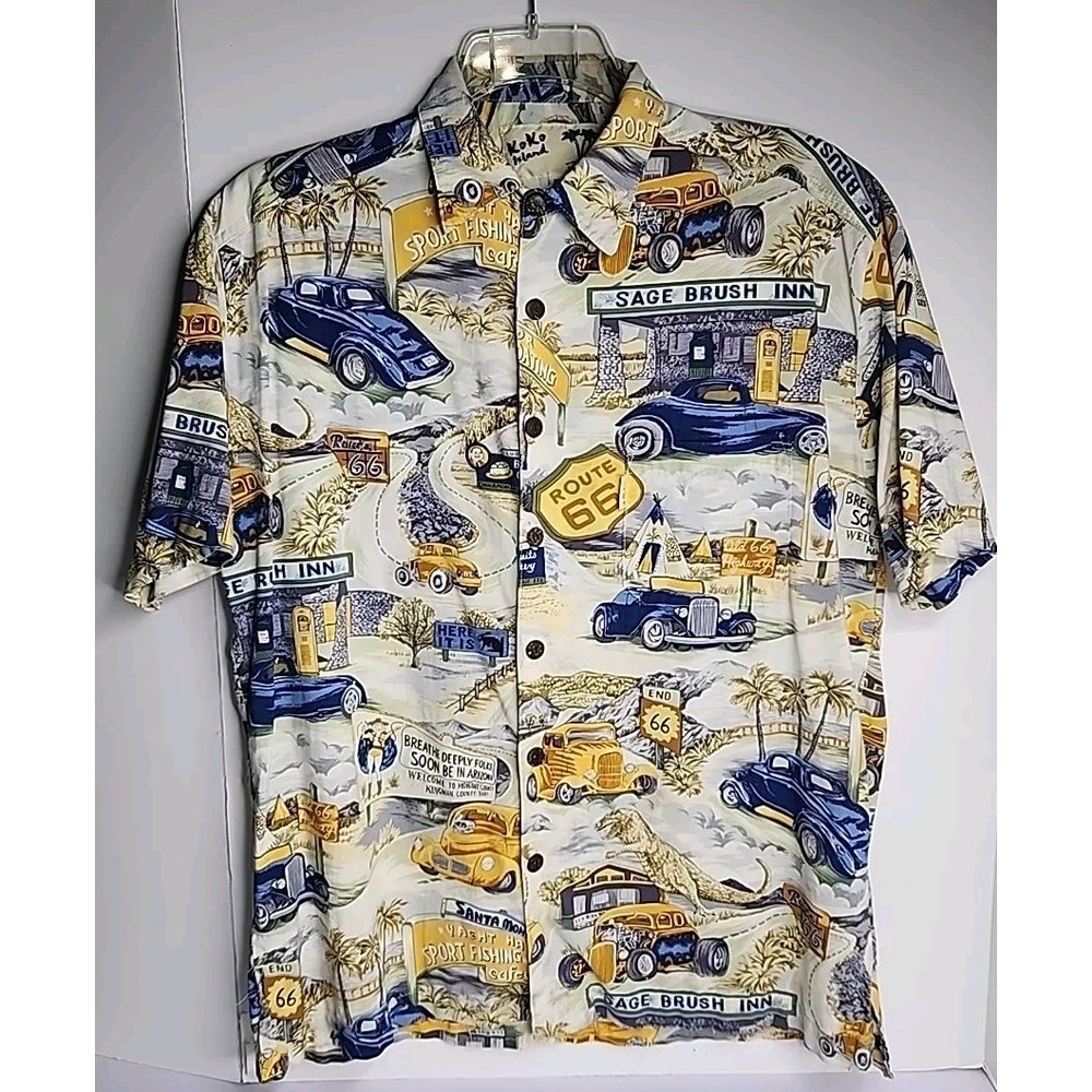 Koko Island Mens Route 66 Hot Rod Vintage Graphic Button Down Shirt Medium USA